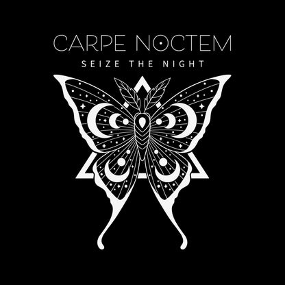 Classic Cotton T-shirt_TeeTurtle Carpe Noctem black t-shirt featuring an illustration of a detailed moth with celestial patterns.