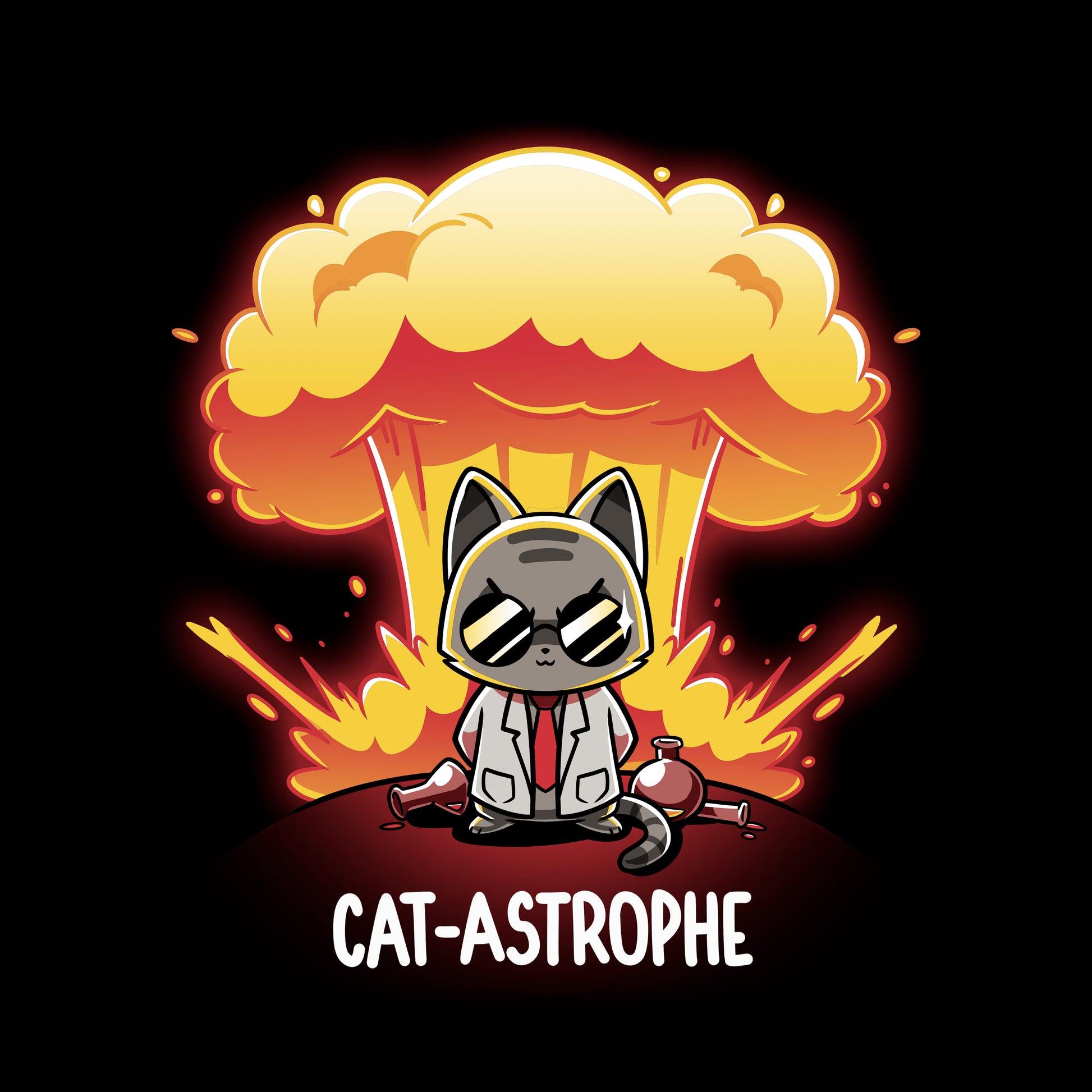 Classic Cotton T-shirt_Teeturtle Cat-Astrophe black t-shirt featuring a sunglasses-wearing cat in a lab coat surrounded by broken vials and lab beakers with a mushroom cloud explosion behind and the word "Cat-Astrophe" written underneath.