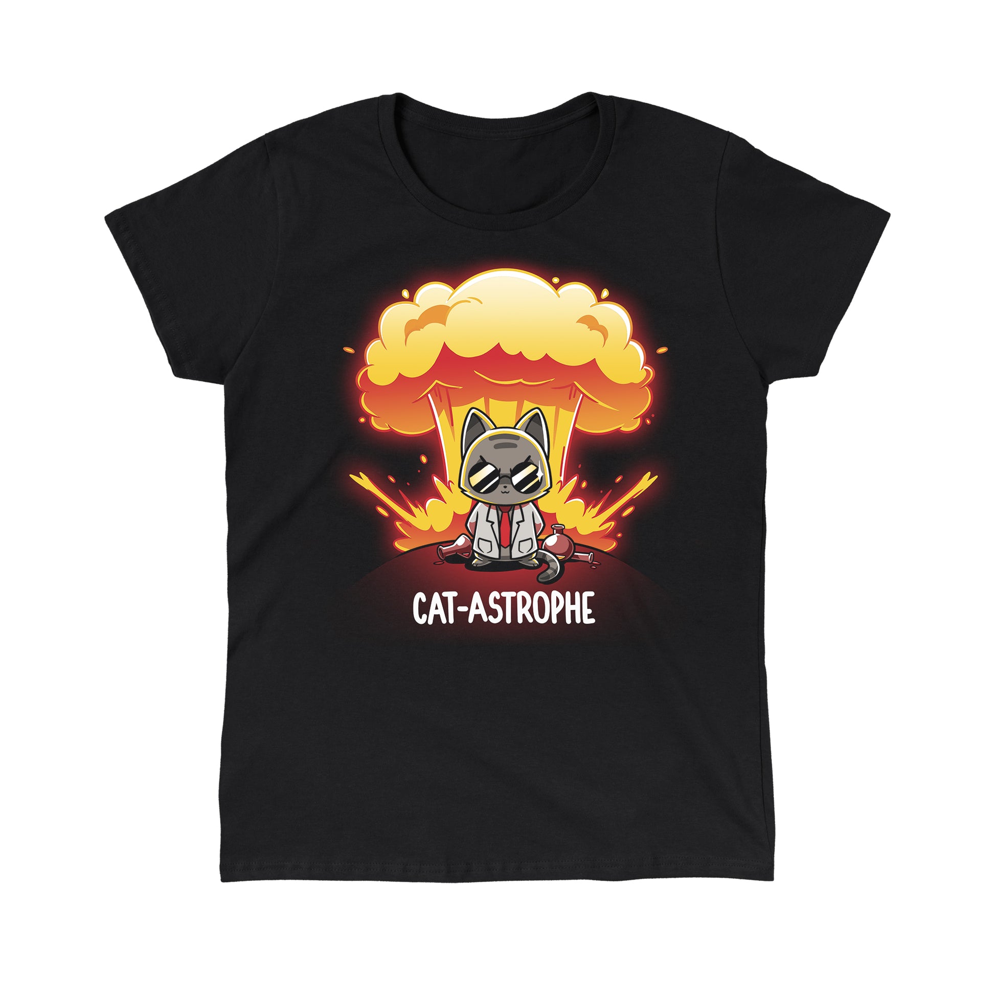 Classic Cotton T-shirt_Teeturtle Cat-Astrophe black t-shirt featuring a sunglasses-wearing cat in a lab coat surrounded by broken vials and lab beakers with a mushroom cloud explosion behind and the word "Cat-Astrophe" written underneath.