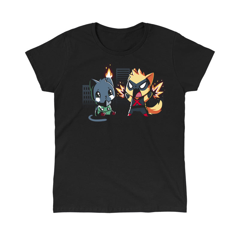 Classic Cotton T-shirt_TeeTurtle black Cat Fight featuring two cats in superhero costumes with one cat crying since its ear on fire, and the other cat powering up with a city in the background.