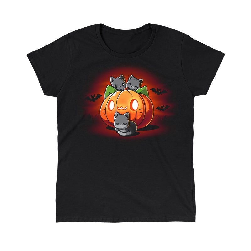 Classic Cotton T-shirt_TeeTurtle black Cat O'Lantern. Featuring a giant pumpkin jack-o-lantern with a cat face surrounded by cats.