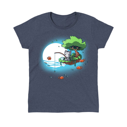 Classic Cotton T-shirt_TeeTurtle Cat Fishing heather navy blue t-shirt featuring a cat sitting tree branch over water, fishing with a rod. 