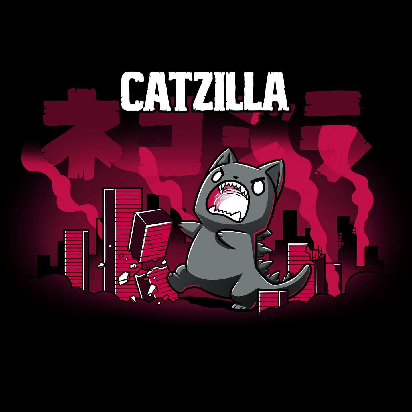 Classic Cotton T-shirt_TeeTurtle Catzilla black t-shirt featuring an illustration of an angry gray cat terrorizing a city knocking down red, blocky buildings with reddish-pink smoke filling the air and "Catzilla" written above the graphic. The text beneath the word CATZILLA resembles Japanese characters or simplified Chinese characters.