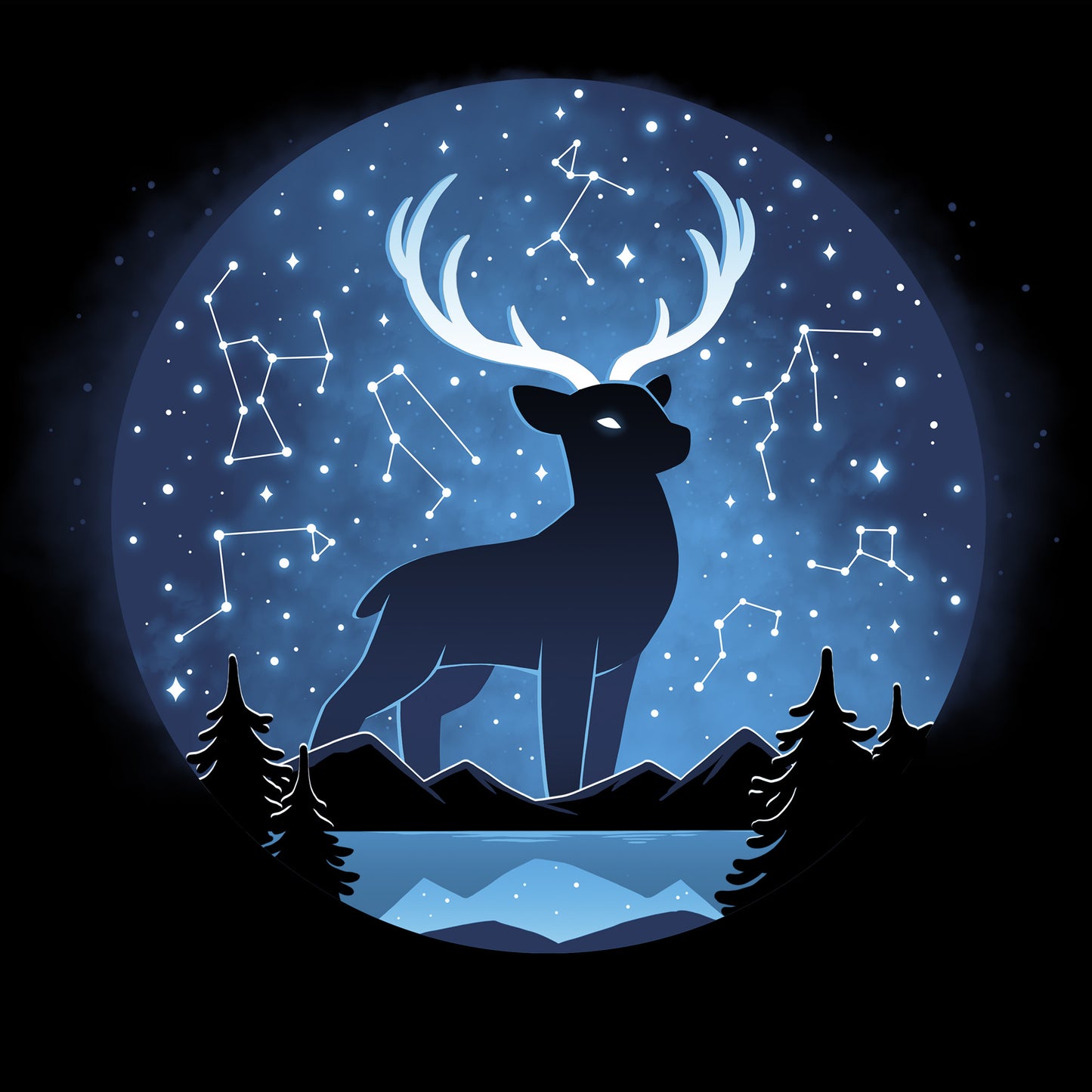 Classic Cotton T-shirt_TeeTurtle Celestial Stag (Glow) black t-shirt featuring a silhouette of a deer with large antlers in a circular frame against a backdrop of a starry night sky with constellation patterns. In the foreground, there are dark silhouettes of coniferous trees, light-blue horizontal lines representing mountains and a body of water. 