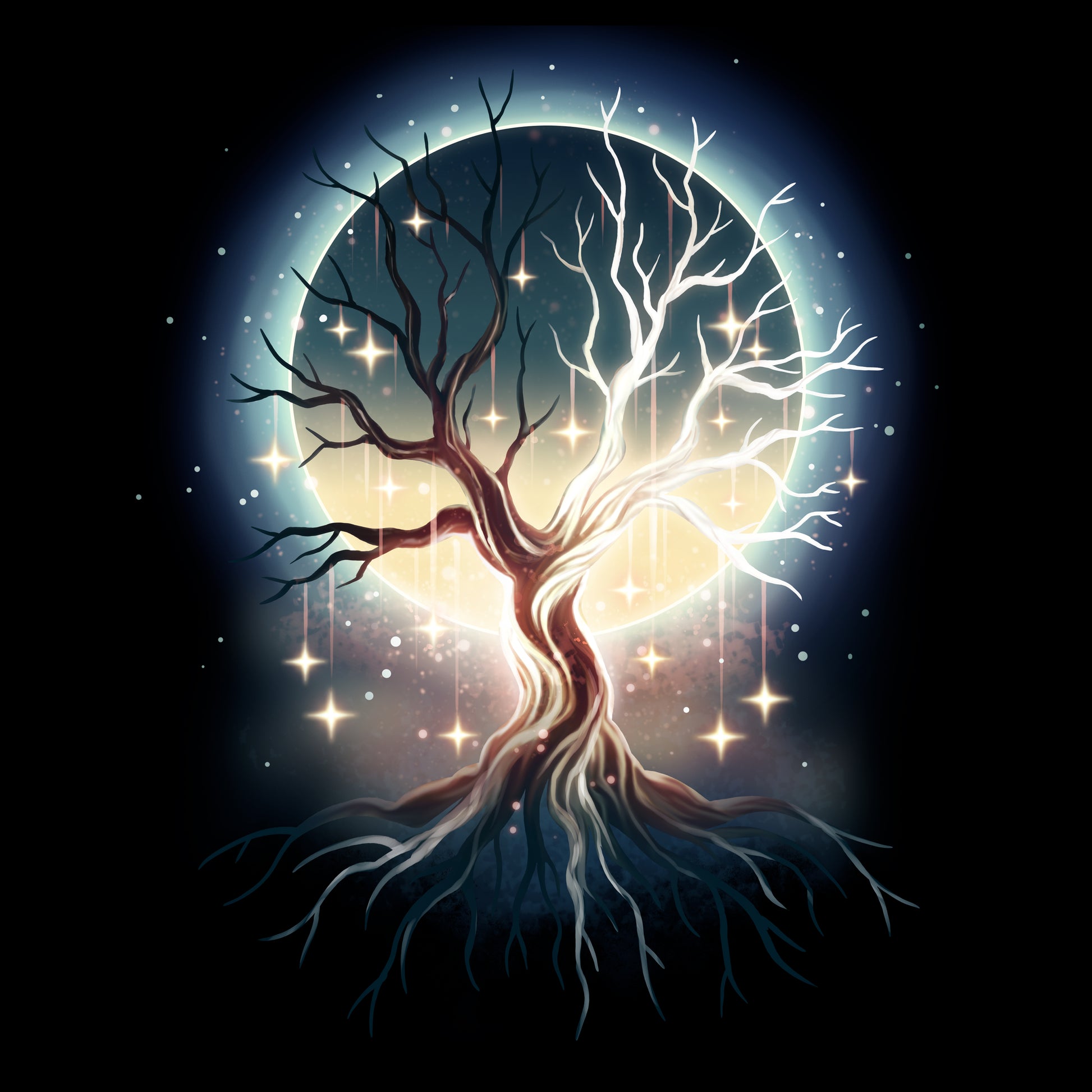 Classic Cotton T-shirt_TeeTurtle black Celestial Tree t-shirt featuring a floating tree with roots exposed with stars hanging from its branches and a full moon that can be seen in the background through the tree’s branches.