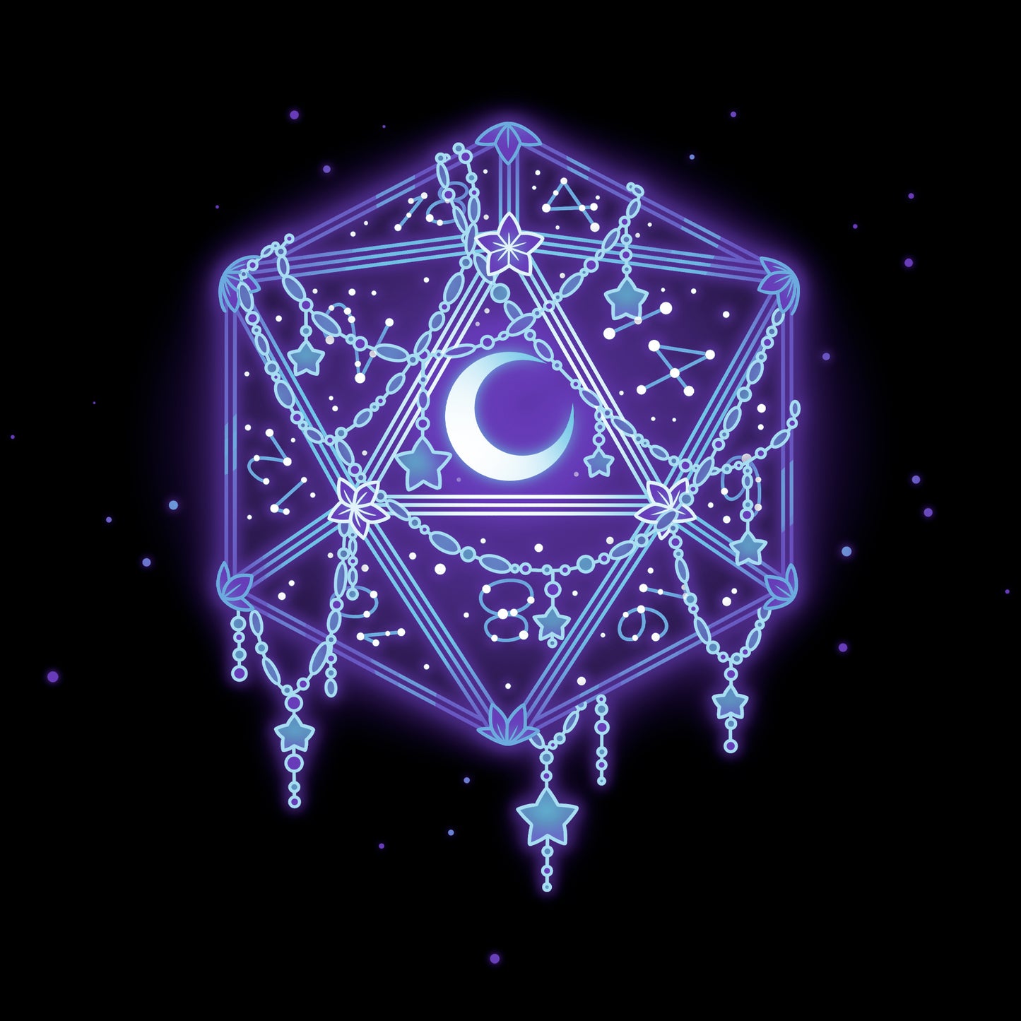Classic Cotton T-shirt_TeeTurtle black Celestial D20 apparel featuring an artistic D20 wrapped in beading, with a moon and constellations inside of it.