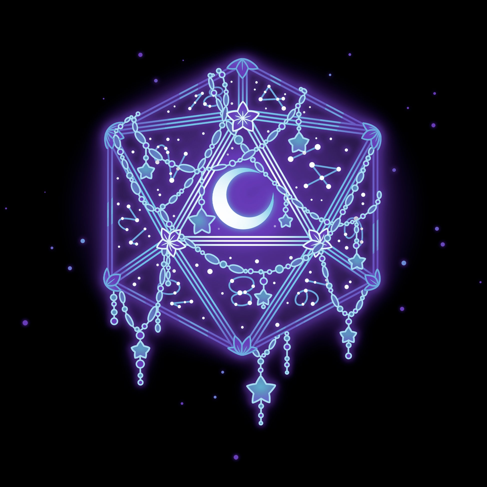 Classic Cotton T-shirt_TeeTurtle black Celestial D20 apparel featuring an artistic D20 wrapped in beading, with a moon and constellations inside of it.