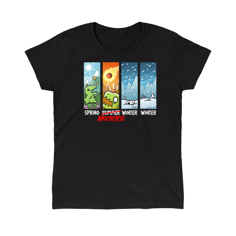 Classic Cotton T-shirt_TeeTurtle black Changing of the Seasons. Featuring a t-rex experiencing the changing seasons of spring, apocalypse, winter, and winter.