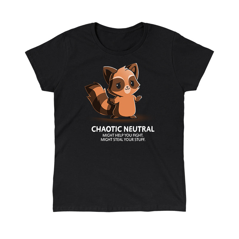 Classic Cotton T-shirt_TeeTurtle chaotic-neutral black t-shirt featuring an illustration of a raccoon with a caption "Chaotic Neutral. Might help you fight. Might steal your stuff." The raccoon has a smug expression and stands against a dark background Chaotic Neutral