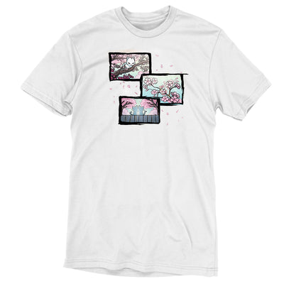 Premium Cotton T-shirt_TeeTurtle white Cherry Blossom Cats apparel featuring three panels, with the first one featuring a white cat sitting among the branches of a cherry blossom tree, the second one featuring a blooming cherry blossom branch, and the third one featuring two white cats sitting on a fence looking at cherry blossom trees.