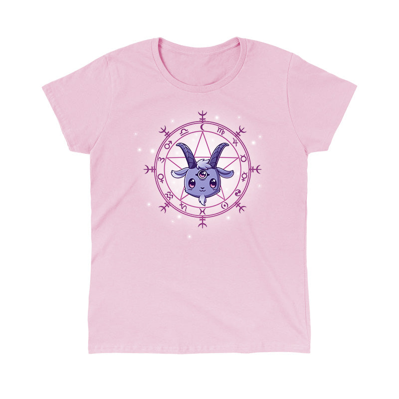 Classic Cotton T-shirt_TeeTurtle Chibi Baphoment light pink t-shirt featuring a goat-like creature with three eyes in front of a mystical symbol.