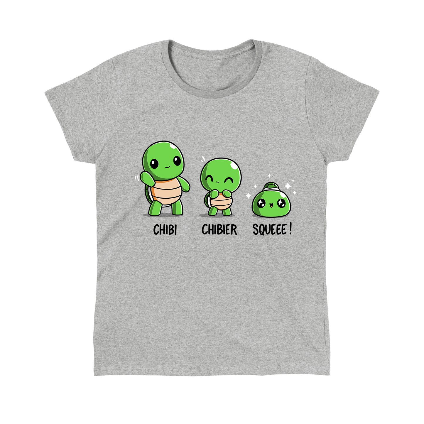 Classic Cotton T-shirt_TeeTurtle Chibi, Chibier, Squeee! heather gray t-shirt featuring three turtles standing side by side showing varying levels of cuteness.