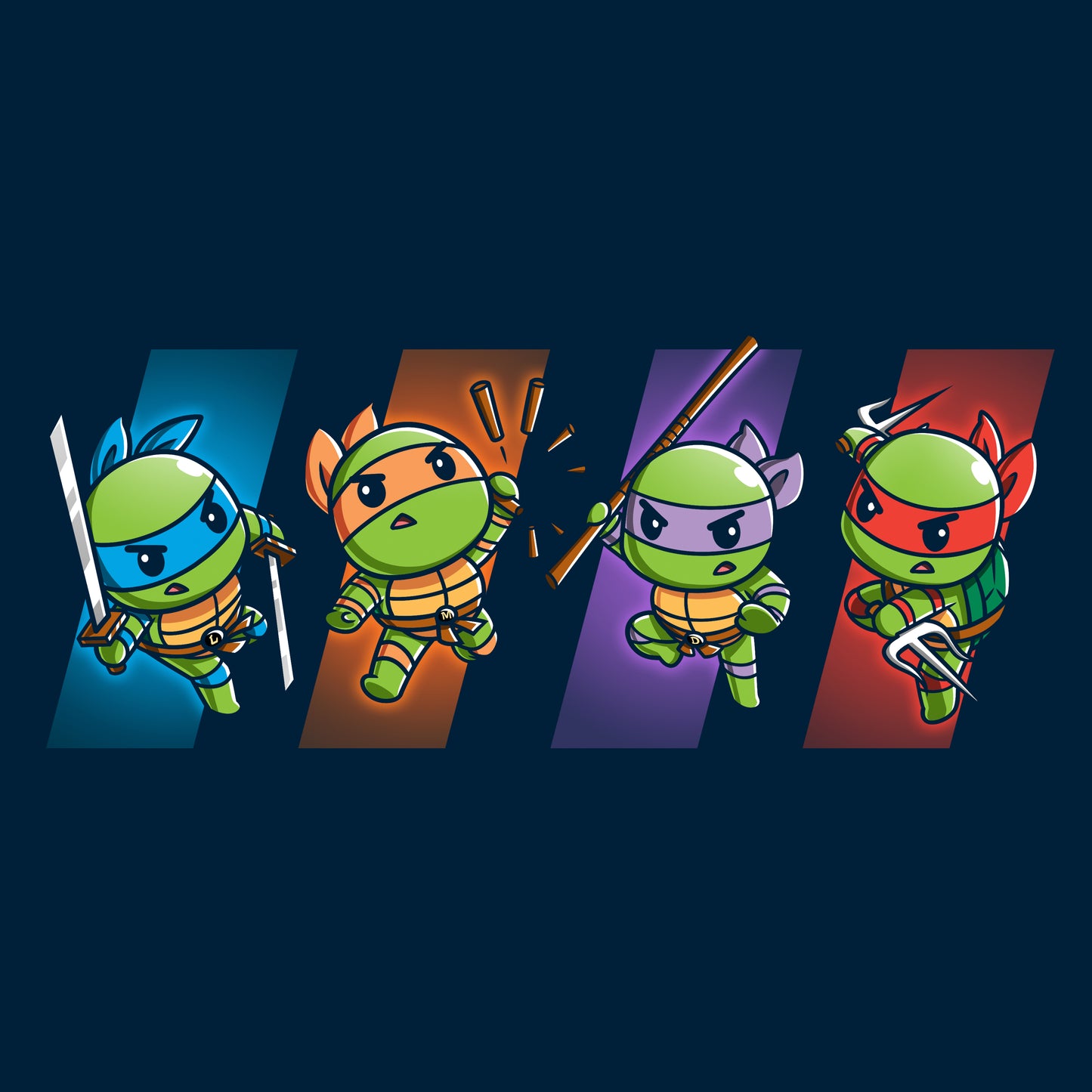 Classic Cotton T-shirt_TeeTurtle navy blue Choose Your Character: Teenage Mutant Ninja Turtles apparel featuring  Raphael, Leonardo, Michaelangelo, and Donatello in dynamic poses on colored backgrounds corresponding to their personal colors.