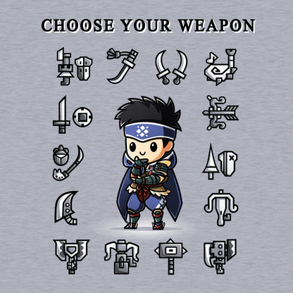 Pullover Hoodie_TeeTurtle heather gray Choose Your Weapon featuring a hunter from Monster Hunter with a contemplative expression, and surrounded by a grid of various weaponry, with the caption, "Choose Your Weapon" at the top.