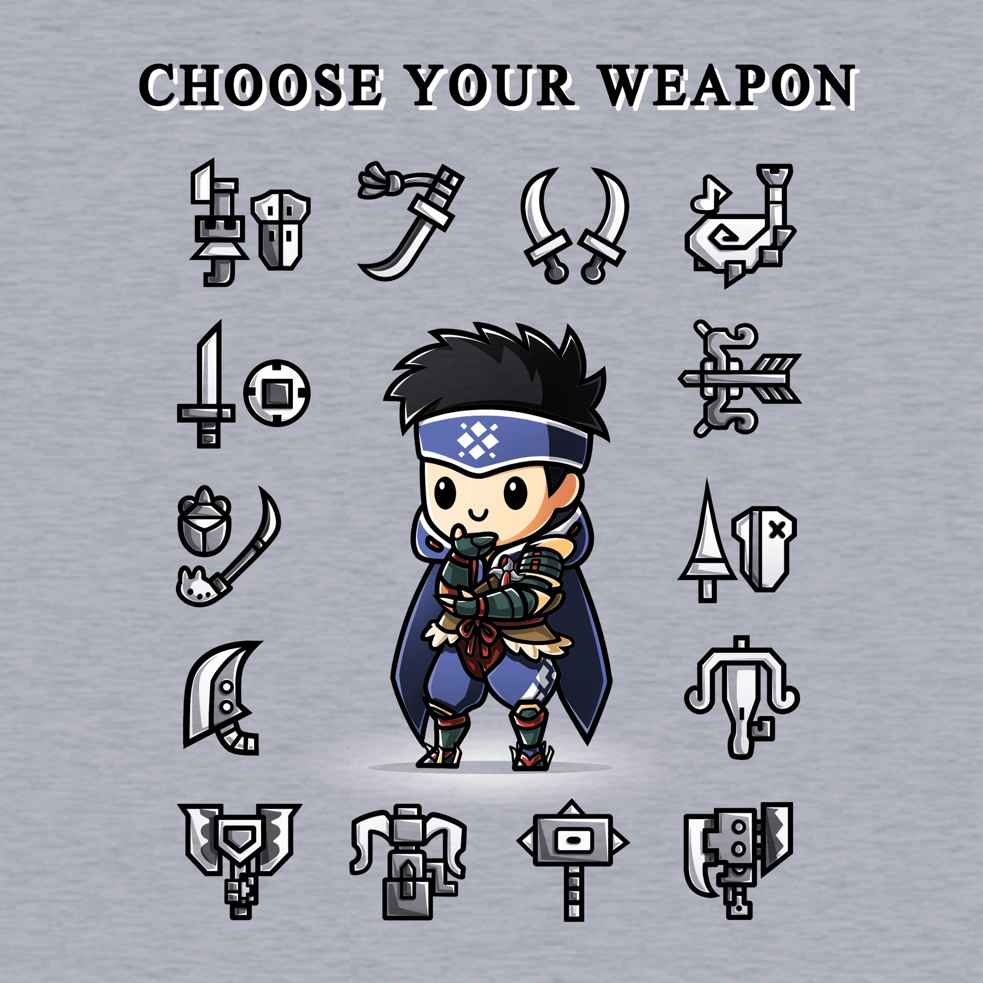 Crew Neck Sweatshirt_TeeTurtle heather gray Choose Your Weapon featuring a hunter from Monster Hunter with a contemplative expression, and surrounded by a grid of various weaponry, with the caption, "Choose Your Weapon" at the top.