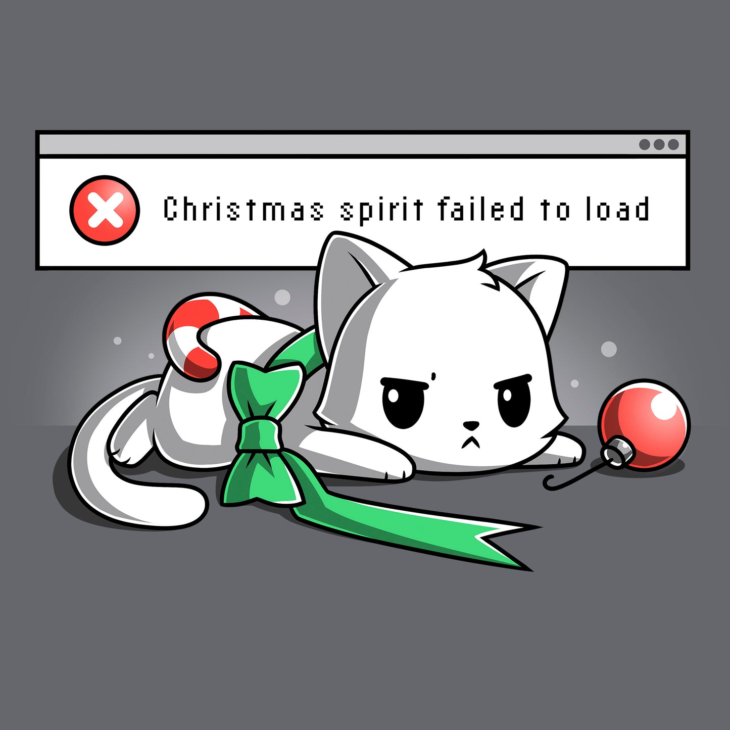 Classic Cotton T-shirt_TeeTurtle charcoal gray Christmas Spirit Failed To Load apparel featuring a grumpy white cat with Christmas ornaments stacked on it, and an error message in the background saying, “X Christmas Spirit Failed To Load”.