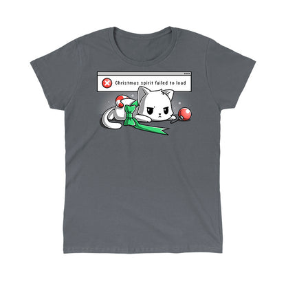 Classic Cotton T-shirt_TeeTurtle charcoal gray Christmas Spirit Failed To Load apparel featuring a grumpy white cat with Christmas ornaments stacked on it, and an error message in the background saying, “X Christmas Spirit Failed To Load”.
