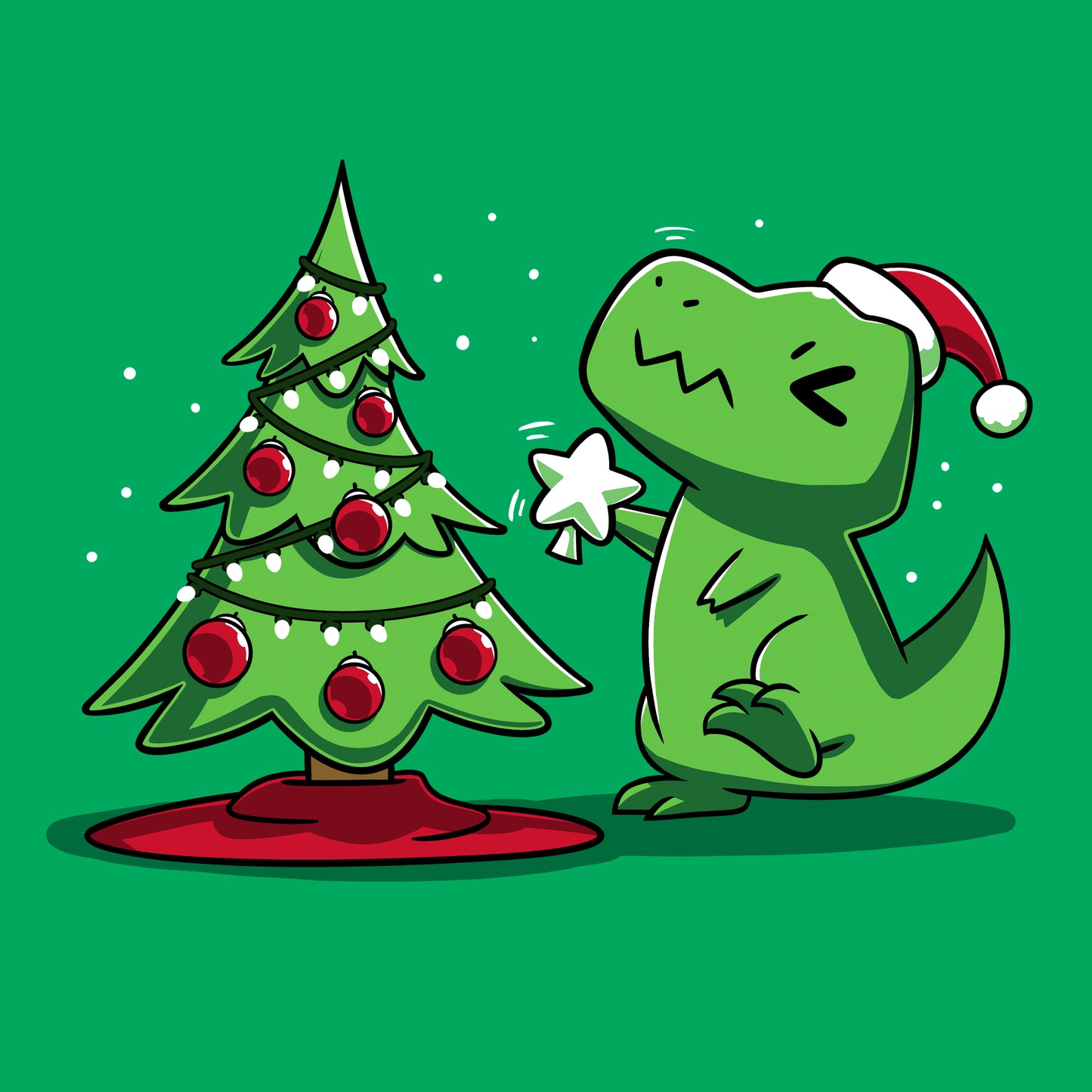 Classic Cotton T-shirt_TeeTurtle Christmas T-Rex Irish green t-shirt featuring a cartoon dinosaur wearing a Santa hat placing a star atop a Christmas tree adorned with red baubles and lights. 