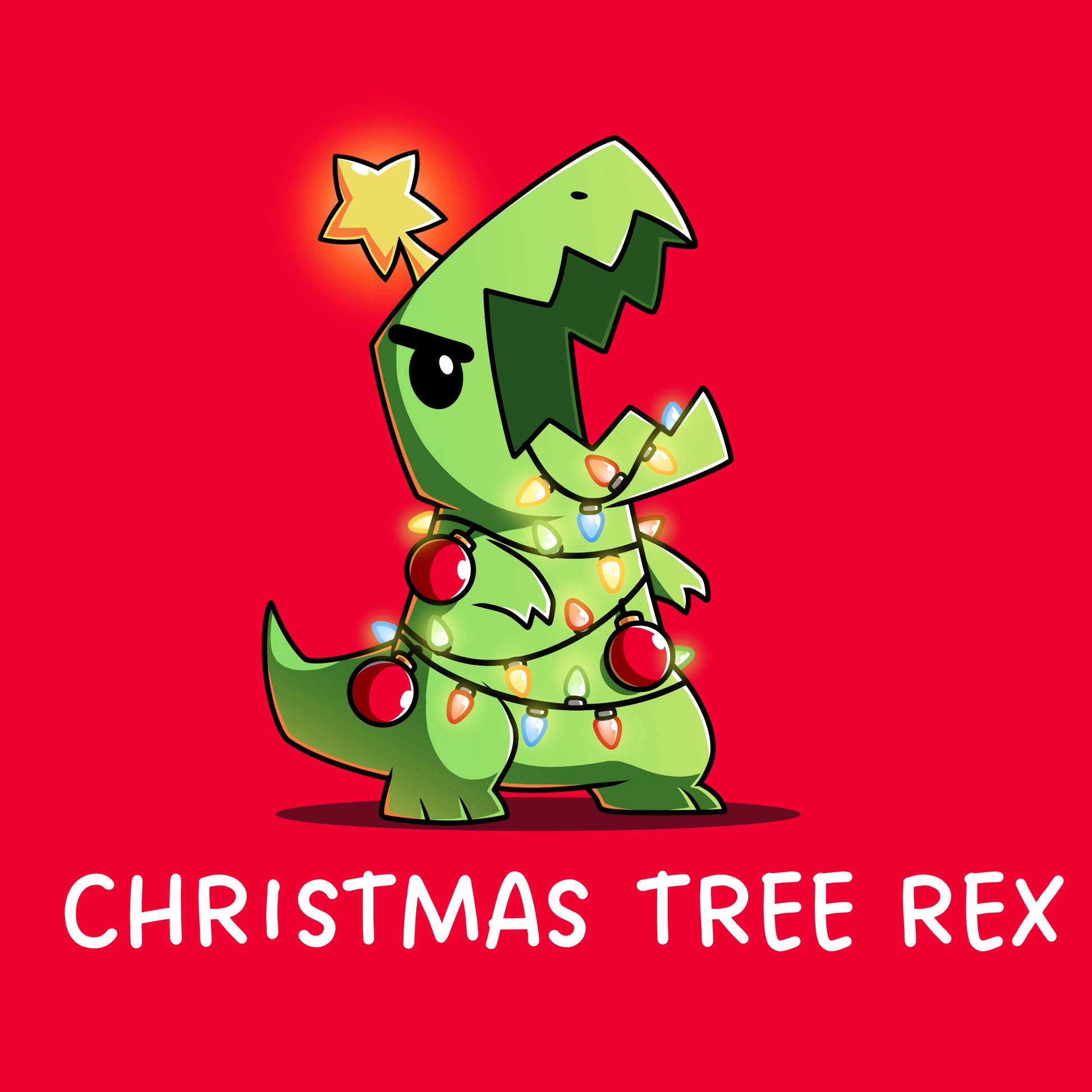 Classic Cotton T-shirt_TeeTurtle red Christmas Tree Rex apparel featuring a roaring t-rex tangled in holiday lights.