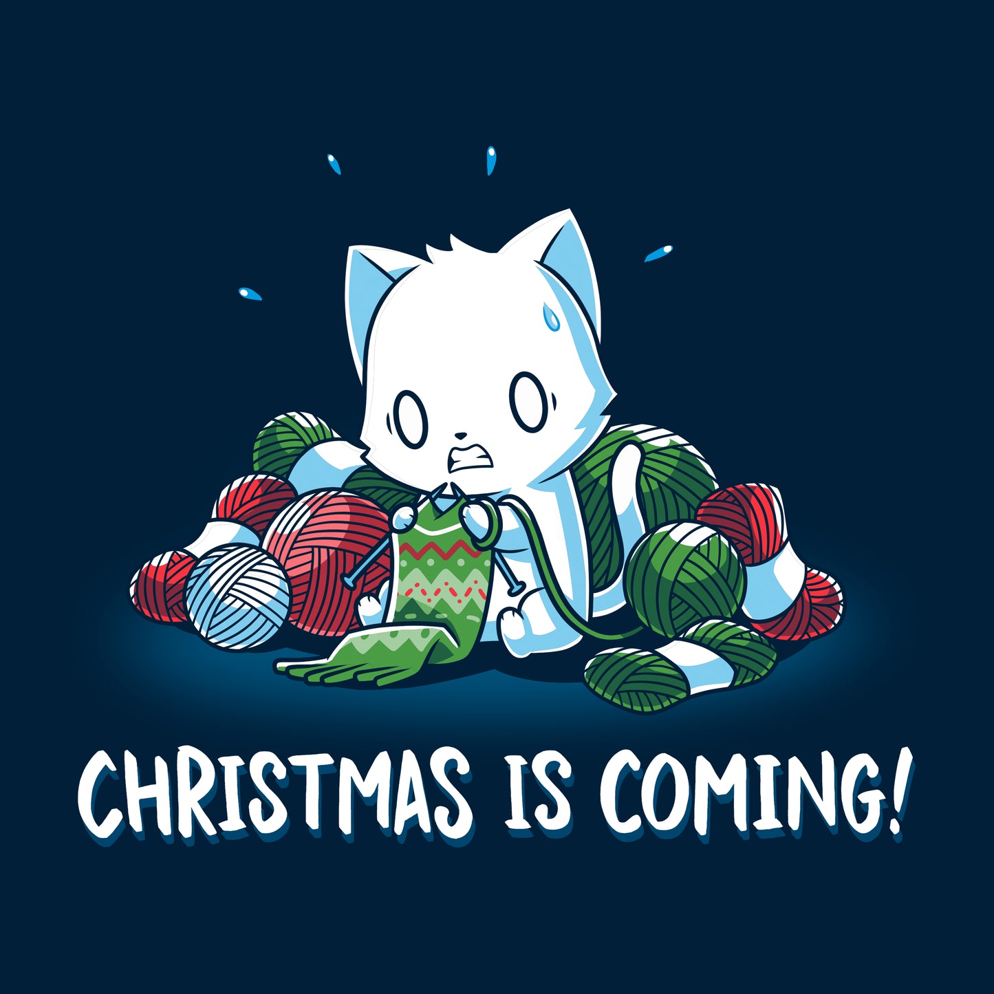 Classic Cotton T-shirt_TeeTurtle Christmas is Coming! navy blue t-shirt featuring an anxious cat that is crafting gifts for Christmas