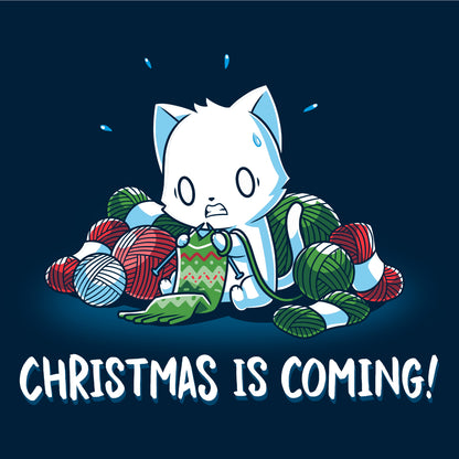 Crew Neck Sweatshirt_TeeTurtle Christmas is Coming! navy blue design featuring an anxious cat that is crafting gifts for Christmas