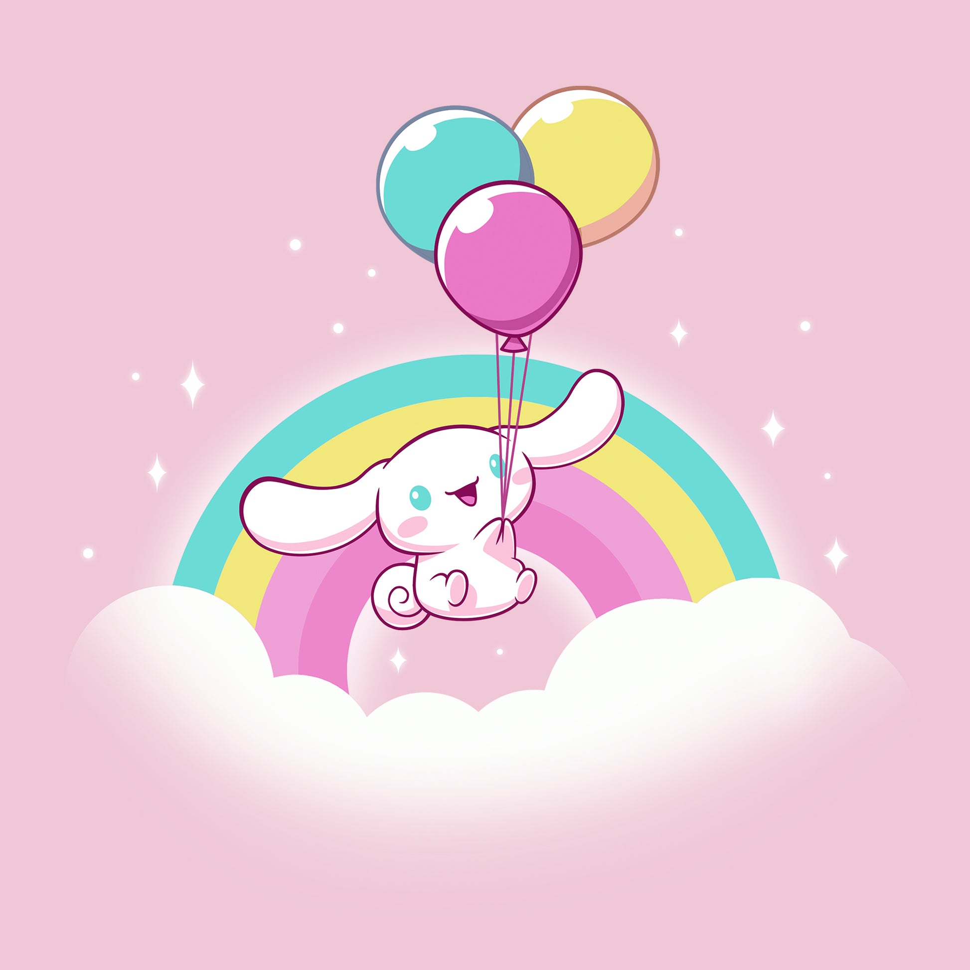 Classic Cotton T-shirt_TeeTurtle light pink Cinnamoroll Takes Flight apparel featuring Cinnamoroll floating in the clouds with a teal, yellow, and pink rainbow in the background, and holding onto balloons in the same colors as the rainbow.