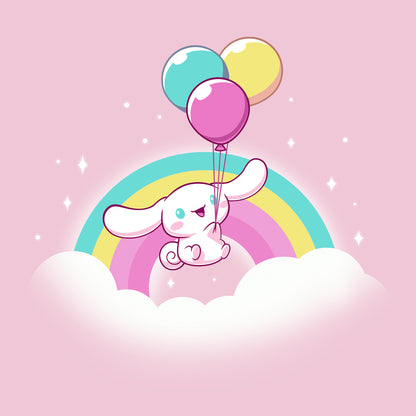 Classic Cotton T-shirt_TeeTurtle light pink Cinnamoroll Takes Flight apparel featuring Cinnamoroll floating in the clouds with a teal, yellow, and pink rainbow in the background, and holding onto balloons in the same colors as the rainbow.