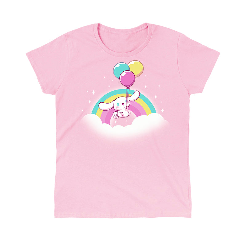 Classic Cotton T-shirt_TeeTurtle light pink Cinnamoroll Takes Flight apparel featuring Cinnamoroll floating in the clouds with a teal, yellow, and pink rainbow in the background, and holding onto balloons in the same colors as the rainbow.