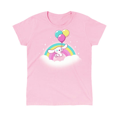Classic Cotton T-shirt_TeeTurtle light pink Cinnamoroll Takes Flight apparel featuring Cinnamoroll floating in the clouds with a teal, yellow, and pink rainbow in the background, and holding onto balloons in the same colors as the rainbow.