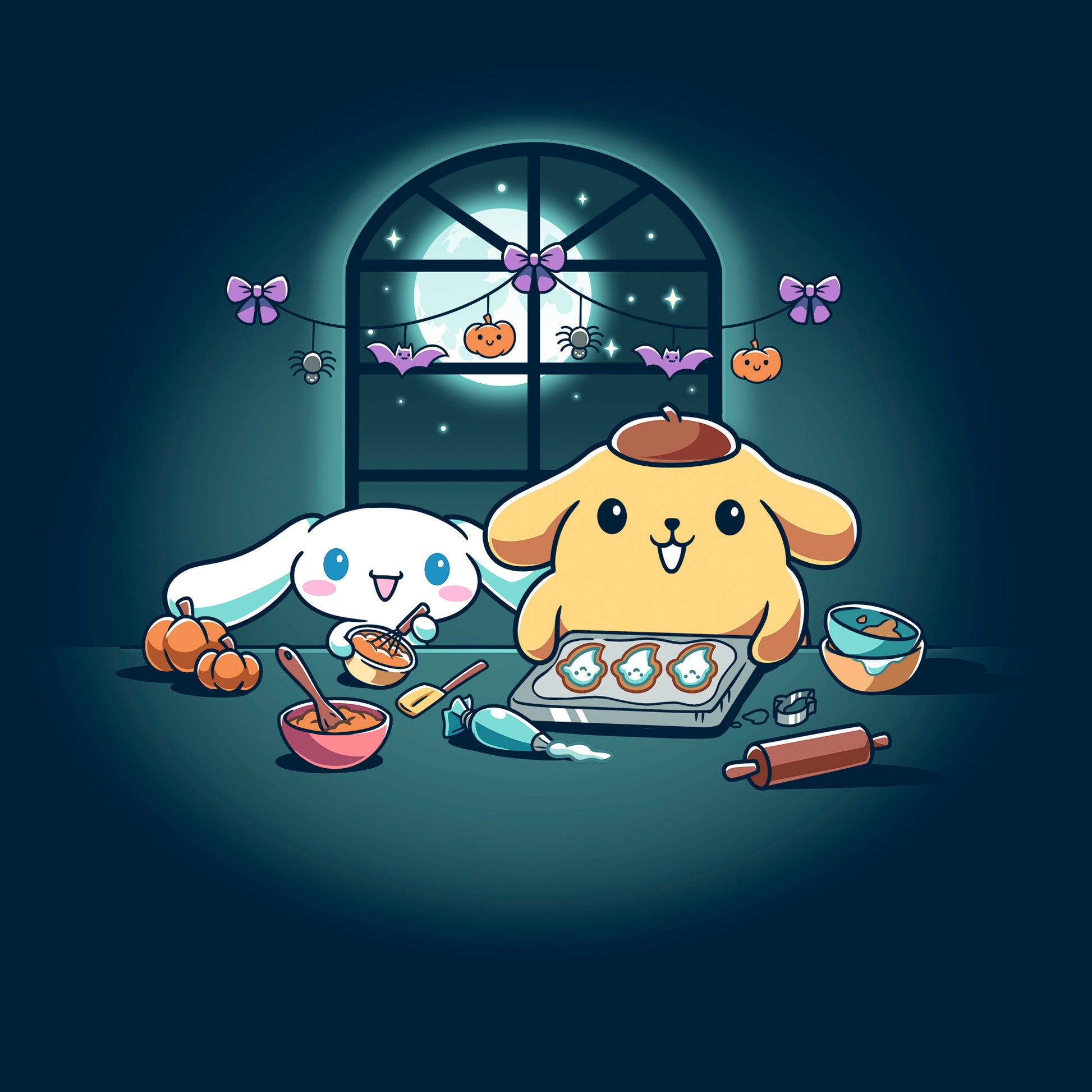Pullover Hoodie_TeeTurtle navy blue Cinnamoroll and Pompompurin's Halloween Baking apparel featuring Cinnamoroll and Pompompurin baking ghost cookies with pumpkins and Halloween hanging decoration in the back on top of the window that looks out to the full moon and stars.