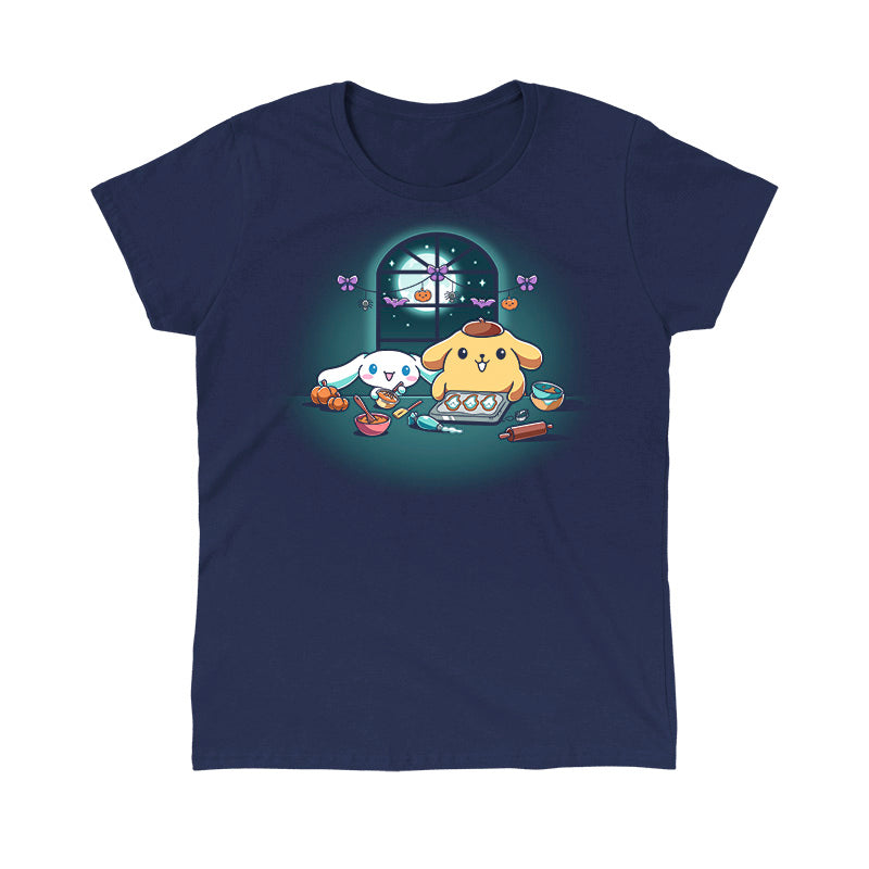 Classic Cotton T-shirt_TeeTurtle navy blue Cinnamoroll and Pompompurin's Halloween Baking apparel featuring Cinnamoroll and Pompompurin baking ghost cookies with pumpkins and Halloween hanging decoration in the back on top of the window that looks out to the full moon and stars.