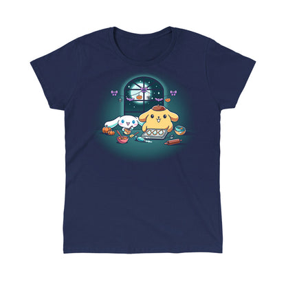 Classic Cotton T-shirt_TeeTurtle navy blue Cinnamoroll and Pompompurin's Halloween Baking apparel featuring Cinnamoroll and Pompompurin baking ghost cookies with pumpkins and Halloween hanging decoration in the back on top of the window that looks out to the full moon and stars.