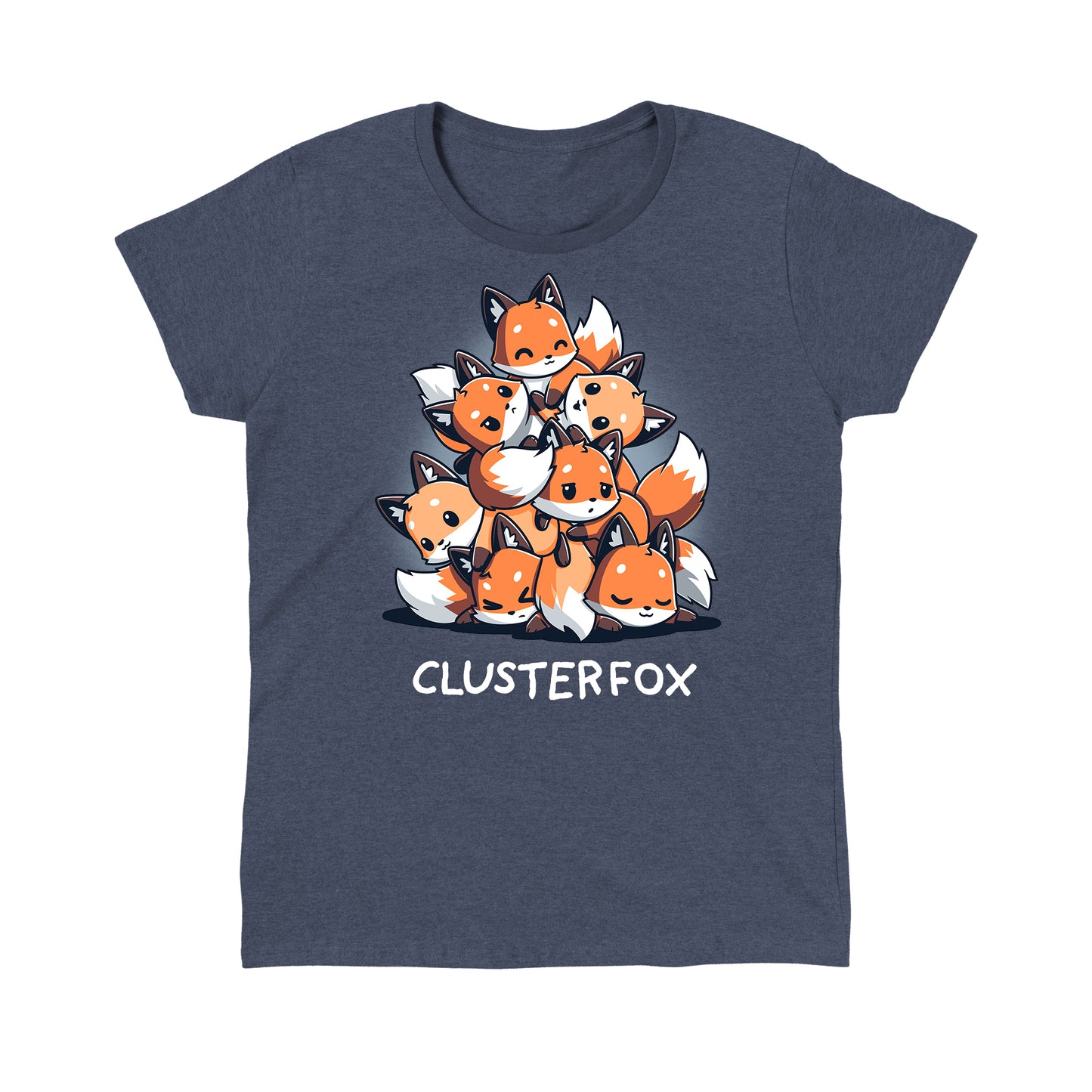 Classic Cotton T-shirt_TeeTurtle Clusterfox heather navy blue t-shirt featuring a group of foxes huddled together in a pyramid shape.
