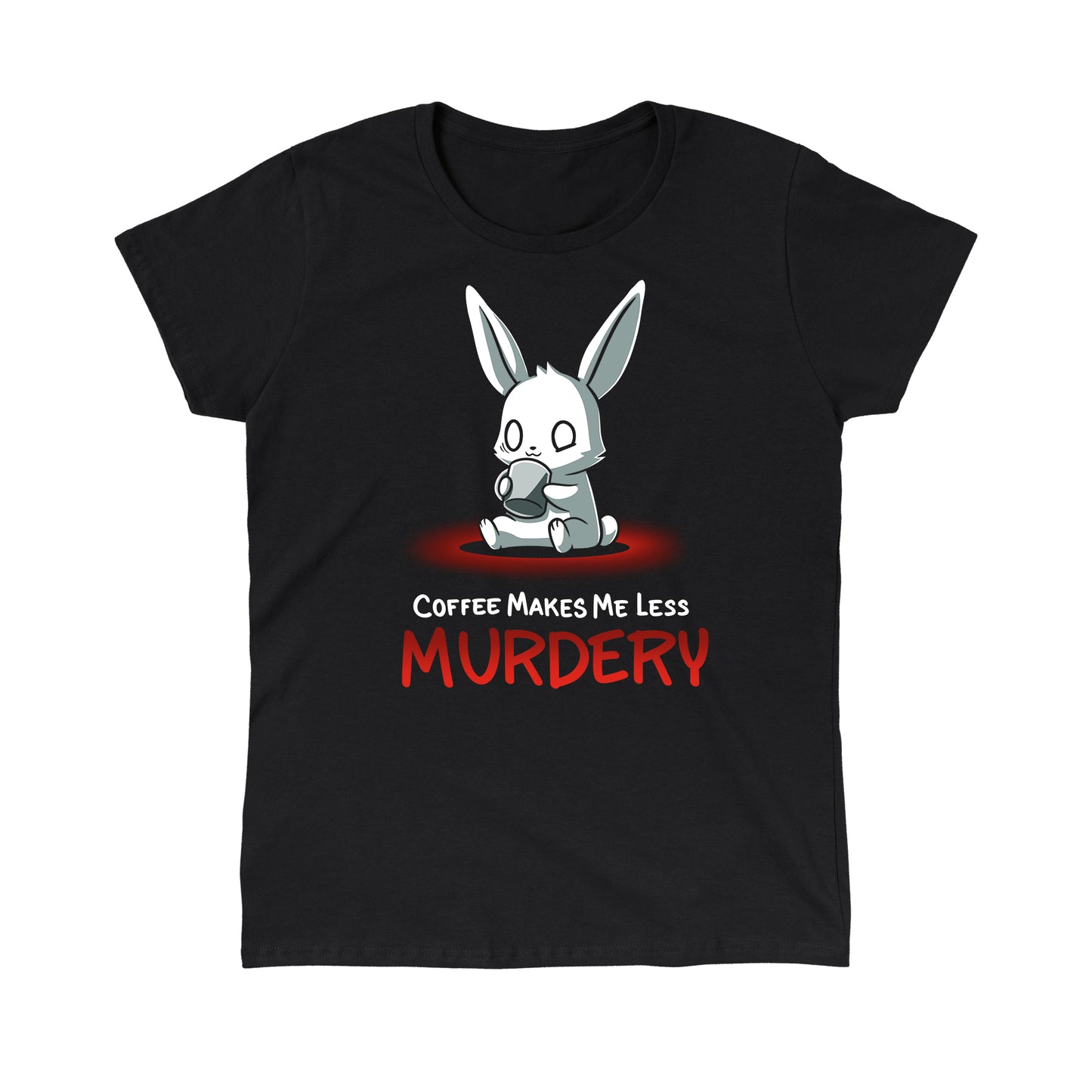 Classic Cotton T-shirt_Cute cartoon bunny holding a coffee cup with the text "Coffee Makes Me Less Murdery" below it on a monsterdigital Coffee Makes Me Less Murdery coffee apparel against a black background.