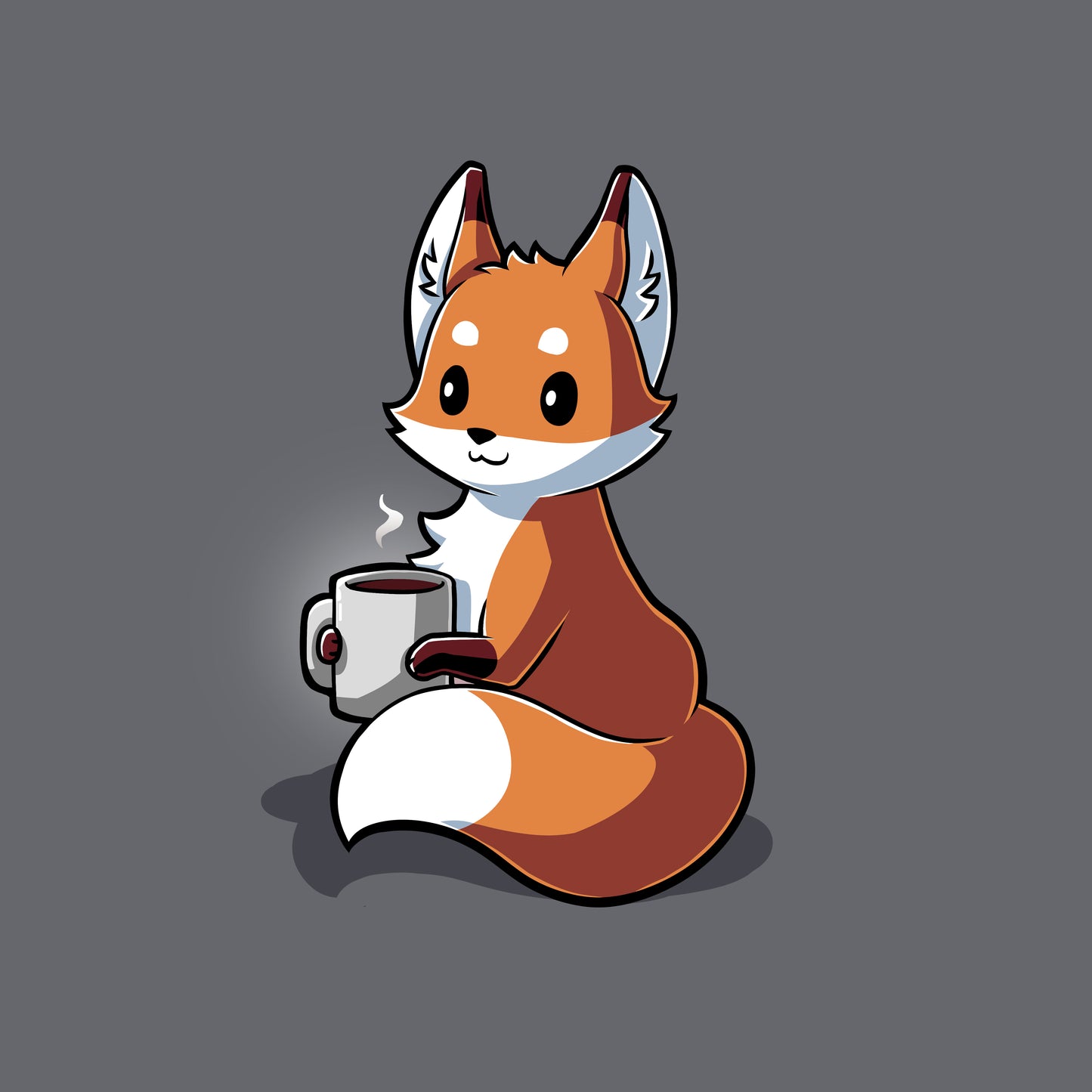 Classic Cotton T-shirt_TeeTurtle Coffee Fox charcoal gray t-shirt featuring a content fox holding a large mug of coffee.