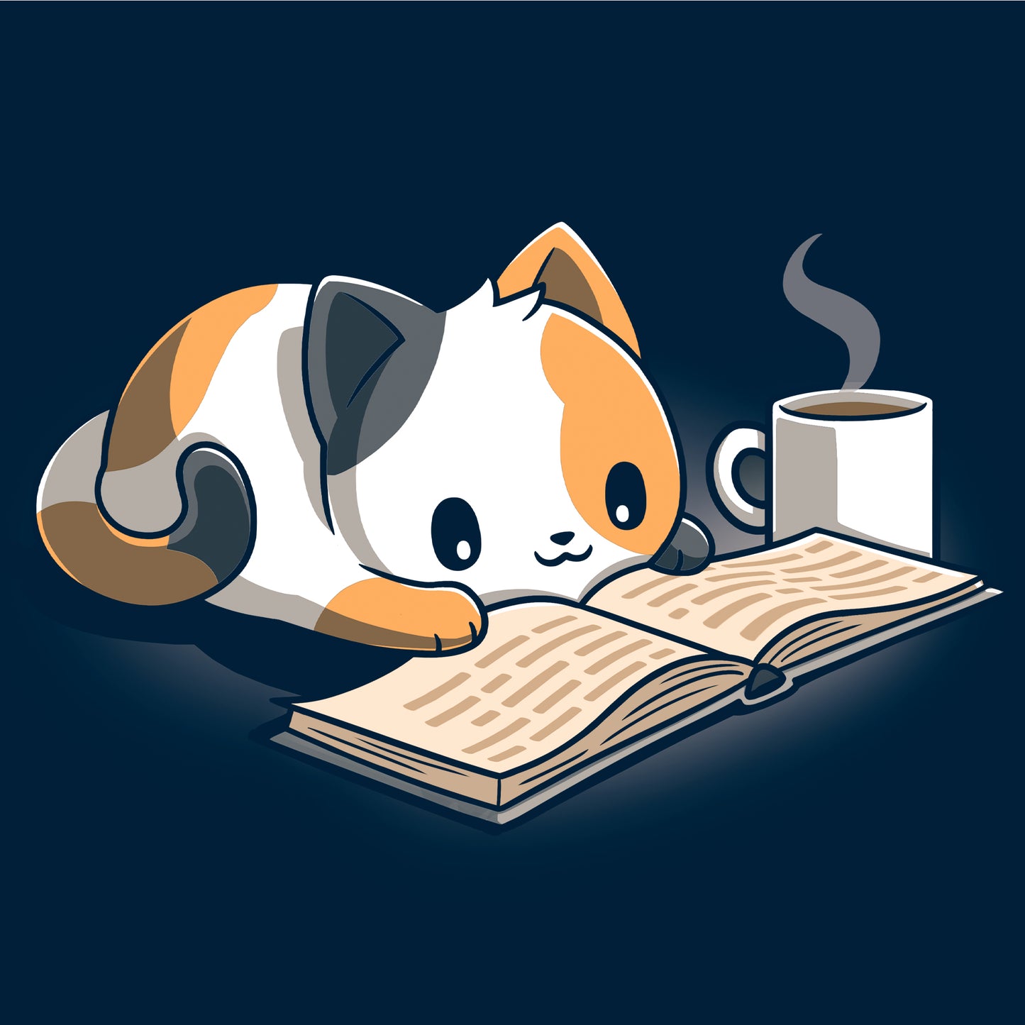 Crew Neck Sweatshirt_TeeTurtle Coffee and a Good Book navy blue t-shirt featuring a calico cat laying next to a hot cup of coffee as it reads a book.