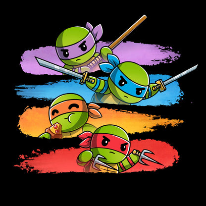 Pullover Hoodie_TeeTurtle black Colorful Teenage Mutant Ninja Turtles apparel featuring Donatello, Leonardo, and Raphael wielding their respective weapons, and Michelangelo eating pizza with individual backgrounds of color-coordinated brush strokes.
