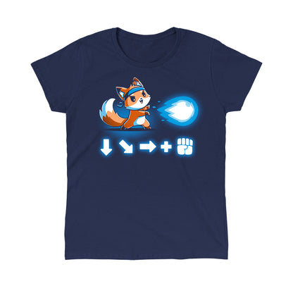 Classic Cotton T-shirt_Teeturtle Combo Attack navy blue t-shirt featuring a cute little fox wearing a headband firing off a Hadouken fireball with the game input command beneath.