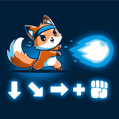Crew Neck Sweatshirt_TeeTurtle navy blue Combo Attack featuring a cute little fox wearing a headband firing off a Hadouken fireball with the game input command beneath.
