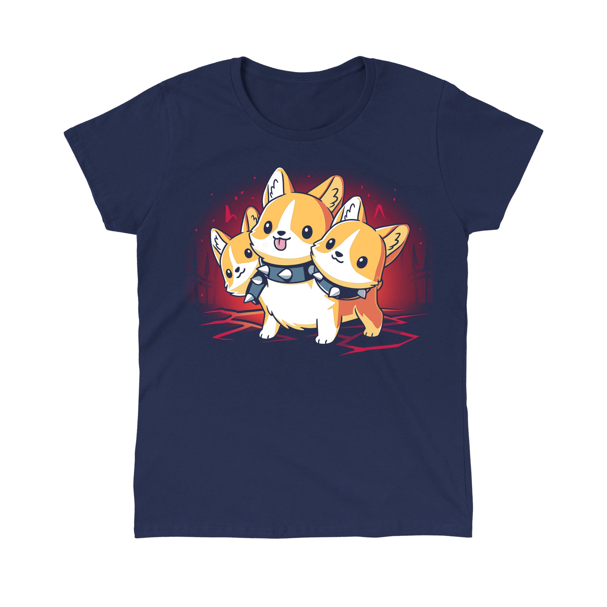 Classic Cotton T-shirt_TeeTurtle navy blue Corgi Cerberus. Featuring a corgi wearing a spiked collar with three heads.