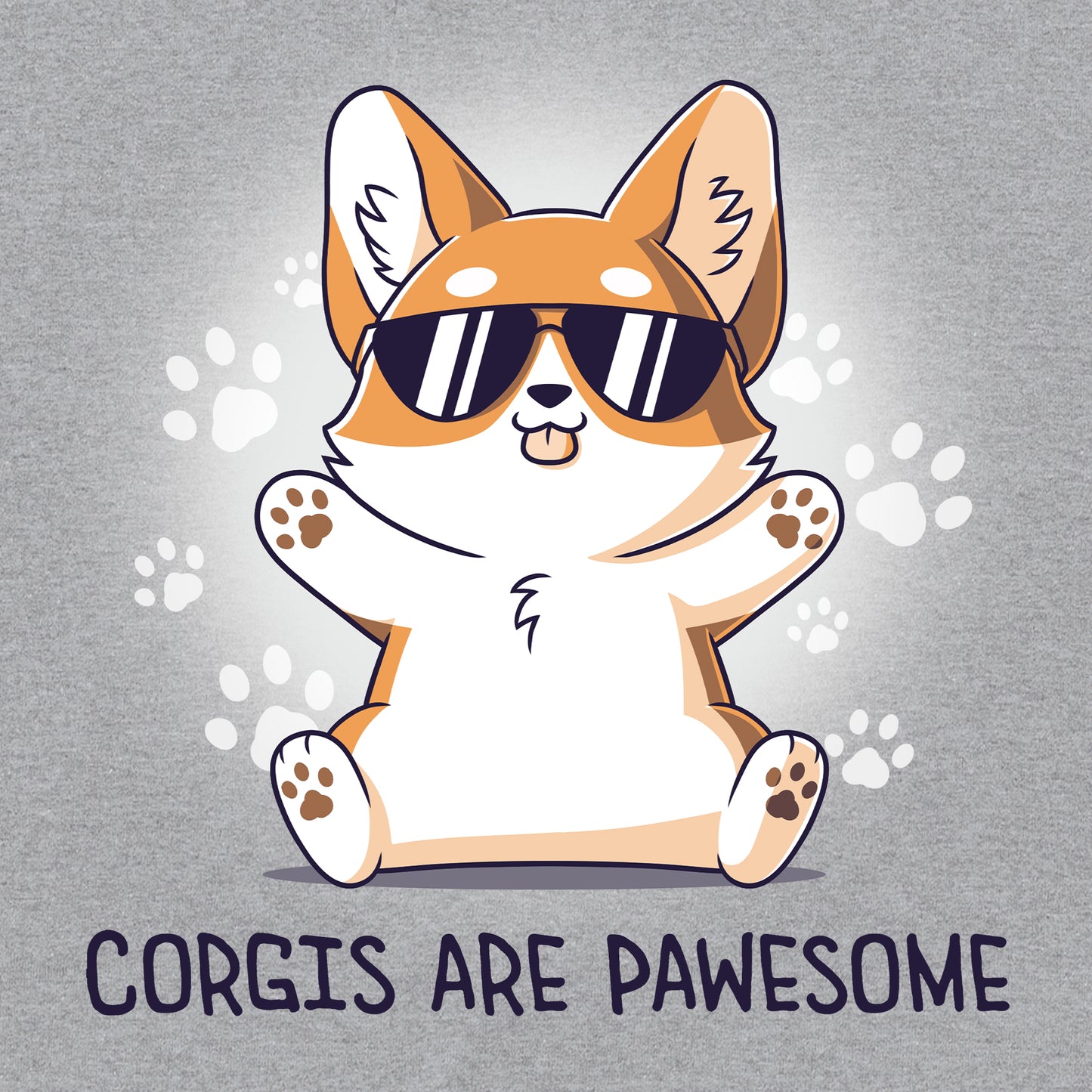 Classic Cotton T-shirt_TeeTurtle Corgis Are Pawsome Heather Gray t-shirt featuring an illustration of a corgi wearing sunglasses with its tongue out, sitting and smiling. The background has paw prints and the text "Corgis are PAWESOME" is written at the bottom. 