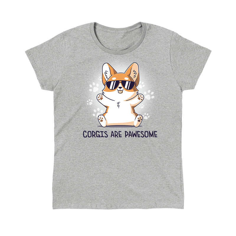 Classic Cotton T-shirt_TeeTurtle Corgis Are Pawsome Heather Gray t-shirt featuring an illustration of a corgi wearing sunglasses with its tongue out, sitting and smiling. The background has paw prints and the text "Corgis are PAWESOME" is written at the bottom. 