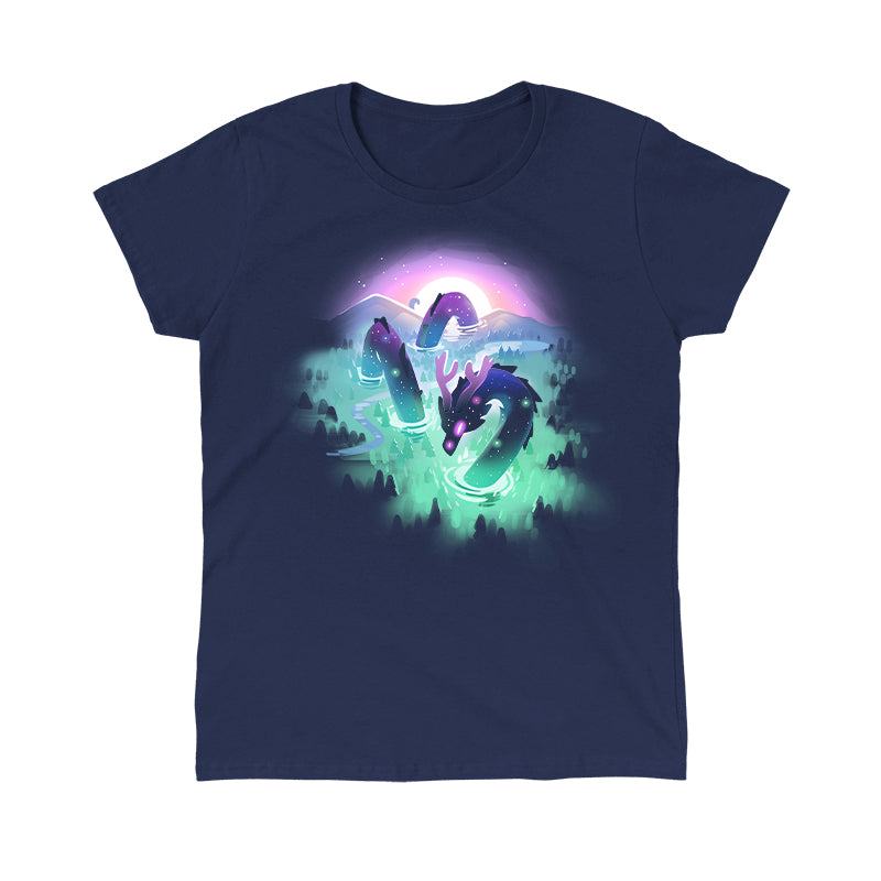 Classic Cotton T-shirt_TeeTurtle Cosmic Colors navy blue t-shirt featuring a mystical sea serpent in a dark ocean.
