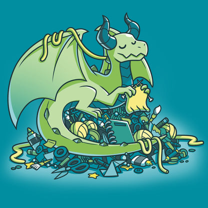 Classic Cotton T-shirt_TeeTurtle Craft Hoarder tropical blue t-shirt featuring a knitting green dragon sitting atop a pile of assorted craft supplies.