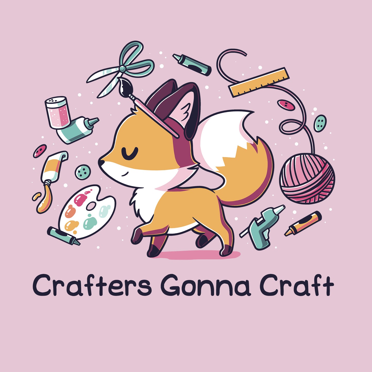 Classic Cotton T-shirt_TeeTurtle light pink Crafters Gonna Craft apparel featuring happy fox surrounded by crafting items such as paint, scissors, yarn, and glue. Caption below reads, "Crafters Gonna Craft".