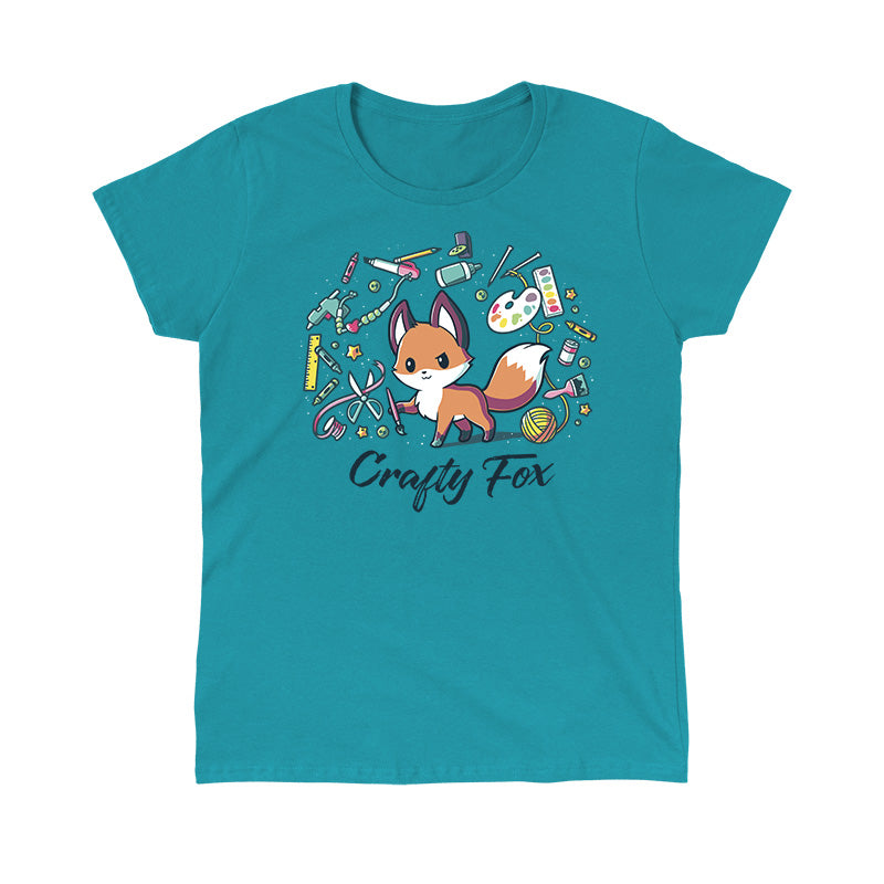 Classic Cotton T-shirt_TeeTurtle Crafty Fox tropical blue t-shirt featuring a cute fox holding a brush in its forepaw and surrounded by yarn, scissors, ribbon, paint and many other crafting items.