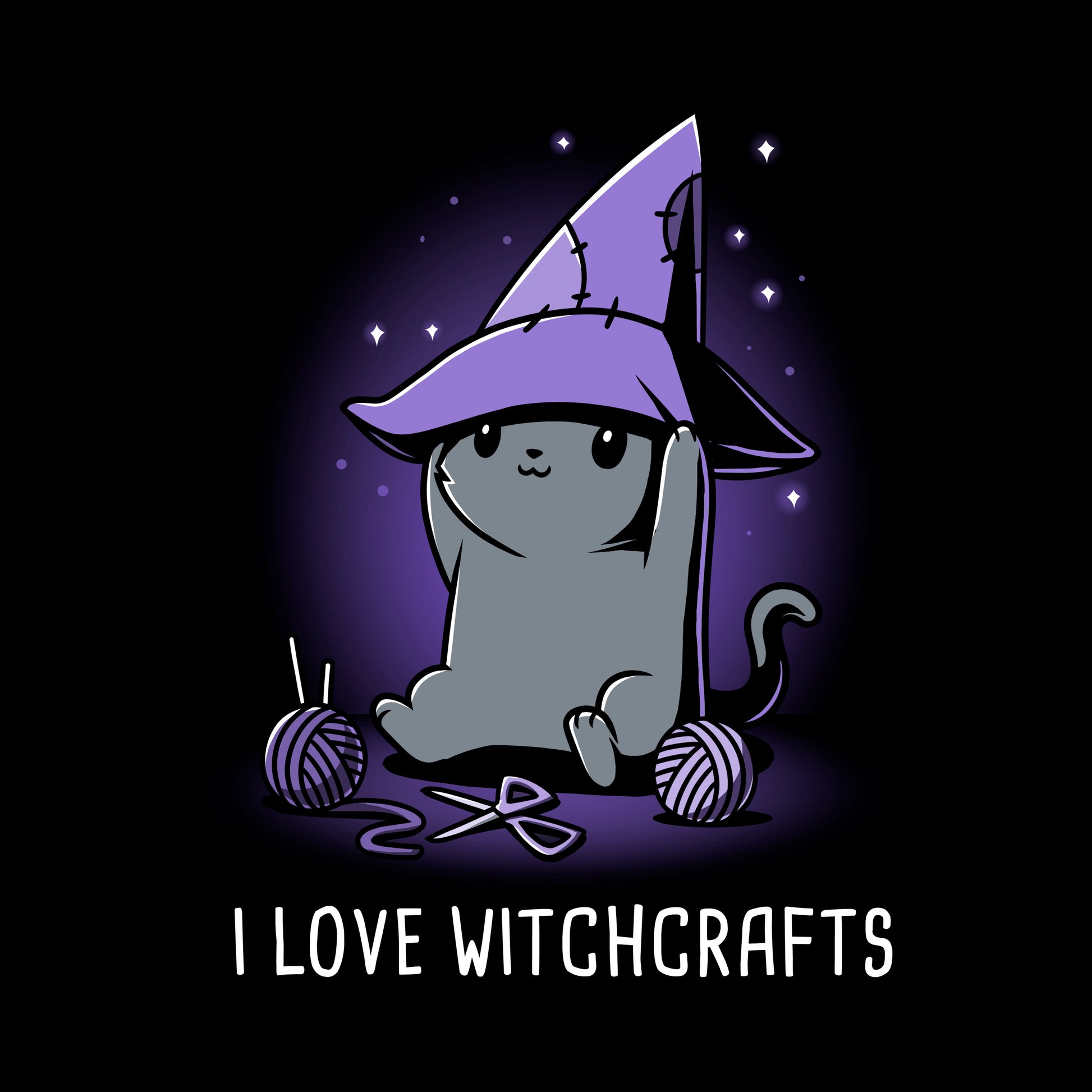 Crew Neck Sweatshirt_TeeTurtle Crafty Kitty black t-shirt featuring a cheerful gray cat wearing a witches hat and crafting.