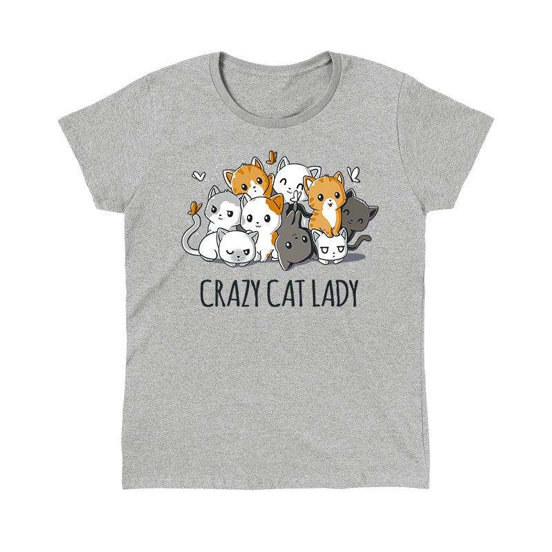 Classic Cotton T-shirt_TeeTurtle heather gray Crazy Cat Lady. Featuring a pile of cats in different colors cuddling together.