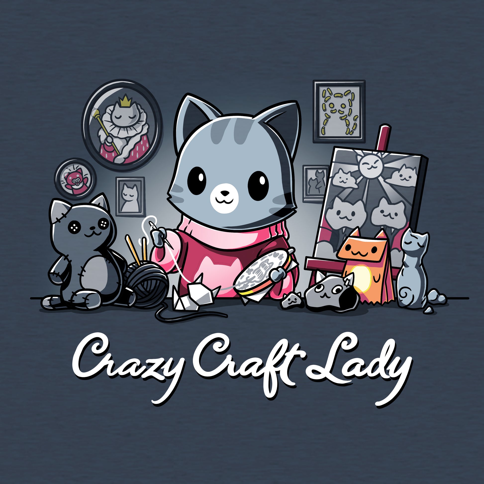 Classic Cotton T-shirt_TeeTurtle Crazy Craft Lady heather navy blue t-shirt featuring a cat enthusiastically working on various craft projects, surrounded by cat-themed items.