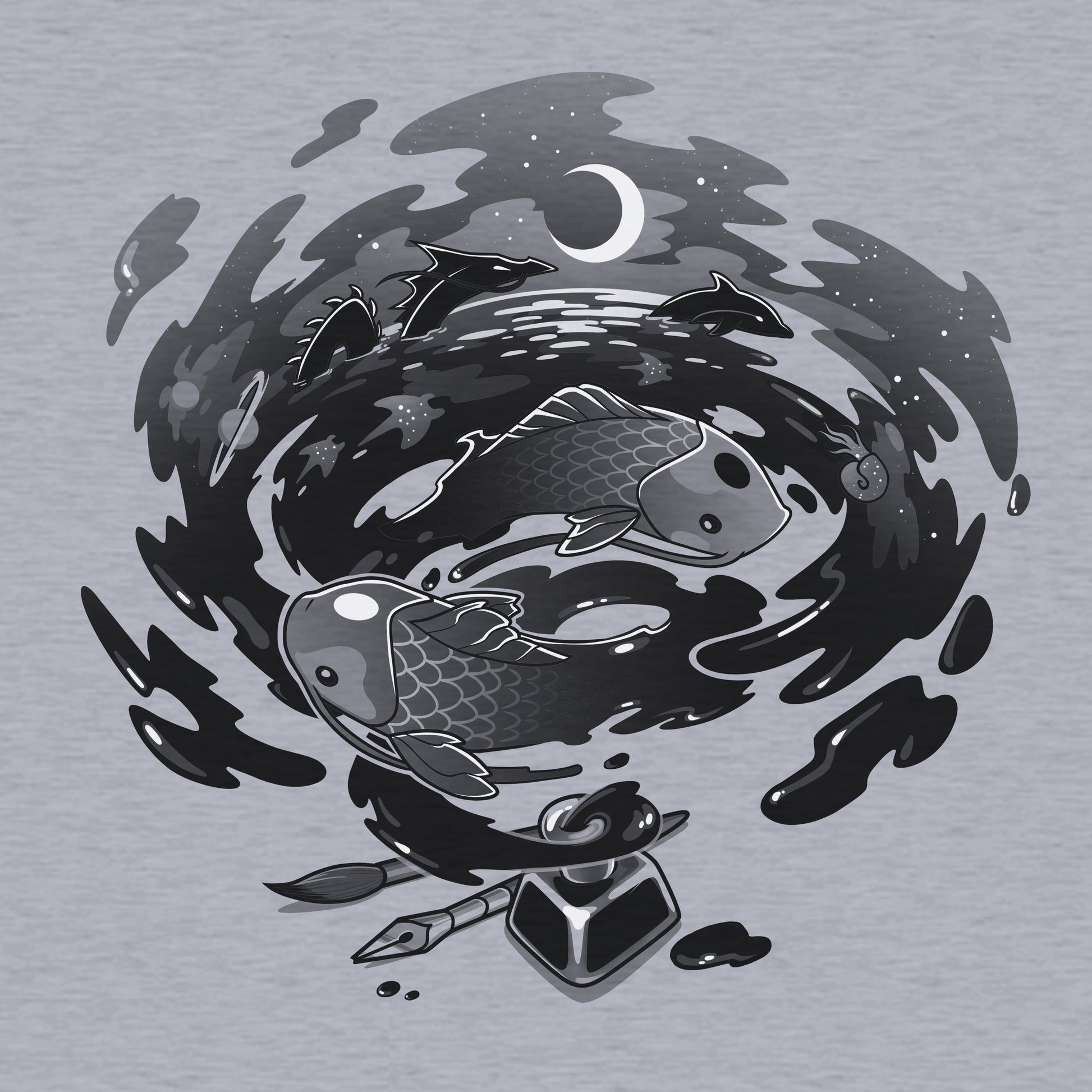 Classic Cotton T-shirt_TeeTurtle Creative Flow heather gray t-shirt featuring a swirling vortex of ink coming from an inkwell, with sea creatures and dragons swimming in it. 